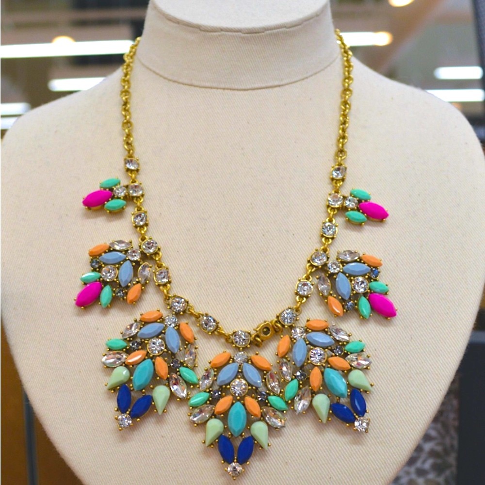 J Crew Statement necklace pink, blue, green, and gray stones